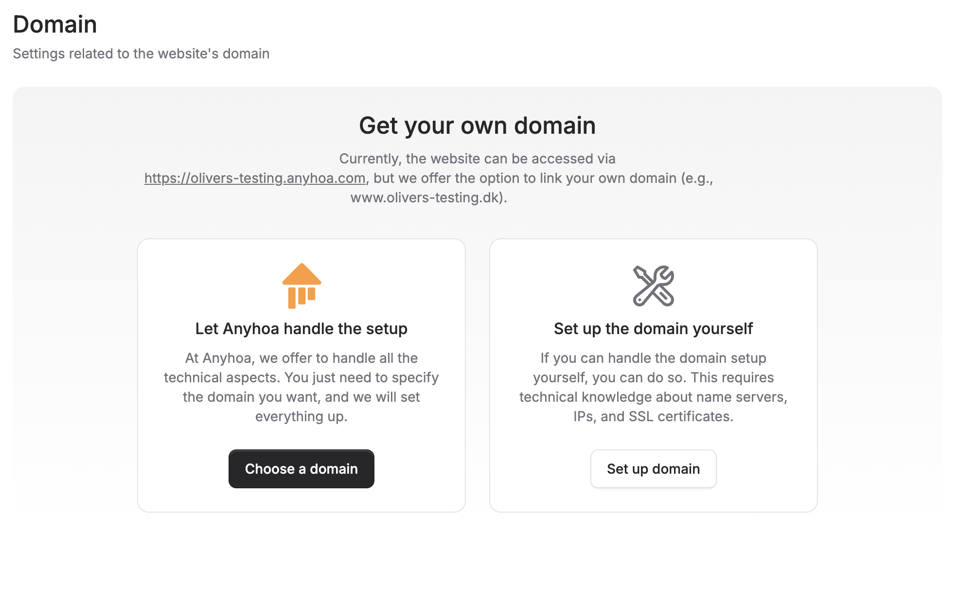 Screenshot of domain setup In Anyhoa