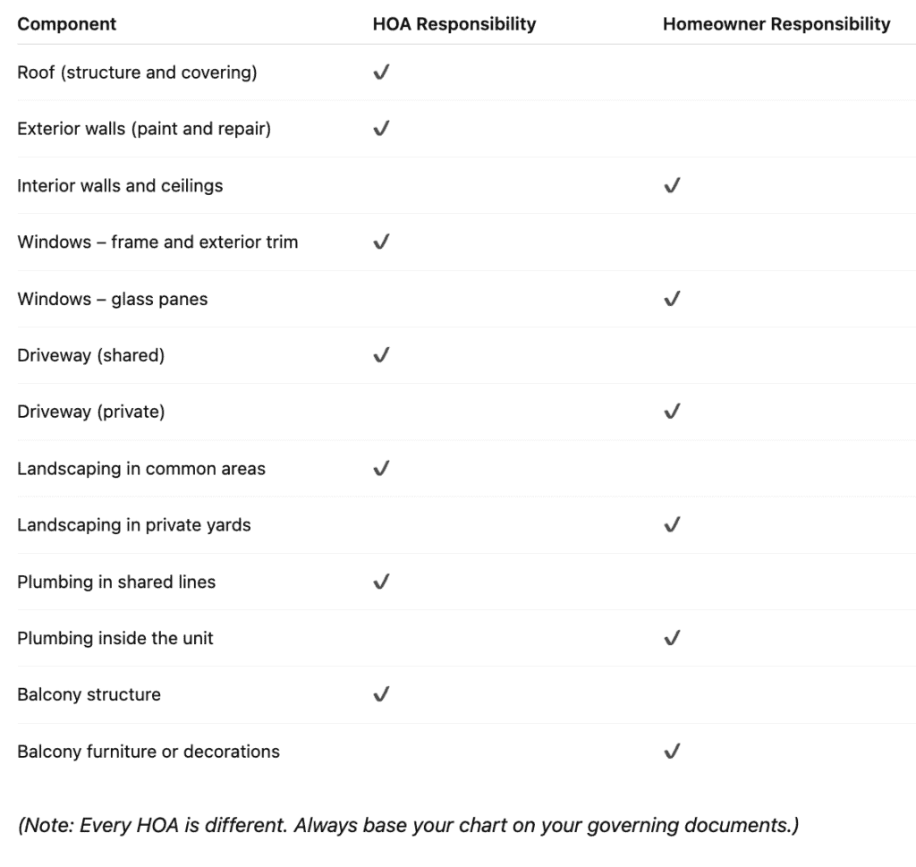 Example of how a HOA maintenance responsibility chart can look like.
