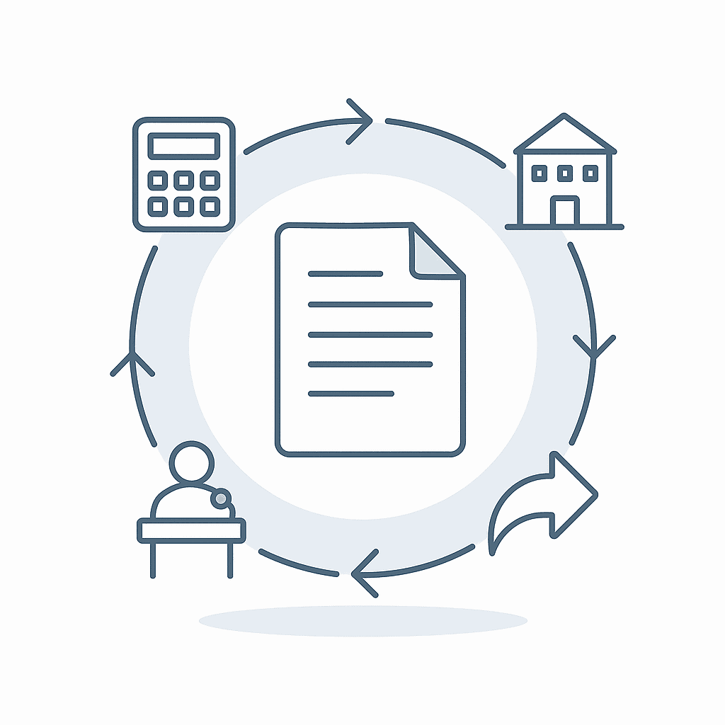 Minimalistisk vektorillustration af budgetproces trin for trin med årshjul, dokument og enkle ikoner for input, vedligehold, scenarier og generalforsamling.