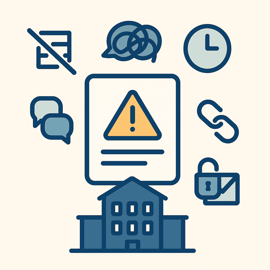 Minimalistisk illustration af fejl i bestyrelsesarbejde: advarselstrekant, rodet chat, knækket tjekliste, åben hængelås og brudt kæde – en sarkastisk guide til dårlig bestyrelse.