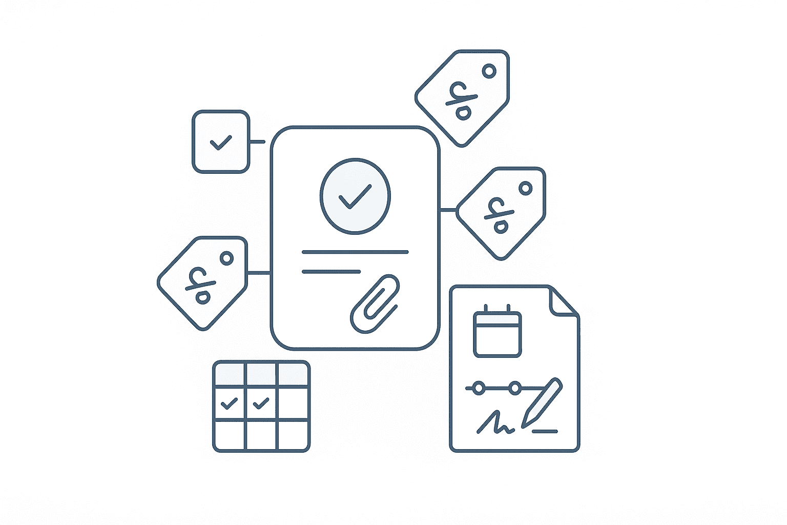 Minimalistisk vektorillustration: centralt udbudsdokument forbundet til tre tilbud, med lille evalueringsmatrix, kontrakt og milepælslinje – symboler på at indhente og vælge håndværkere i en boligforening.