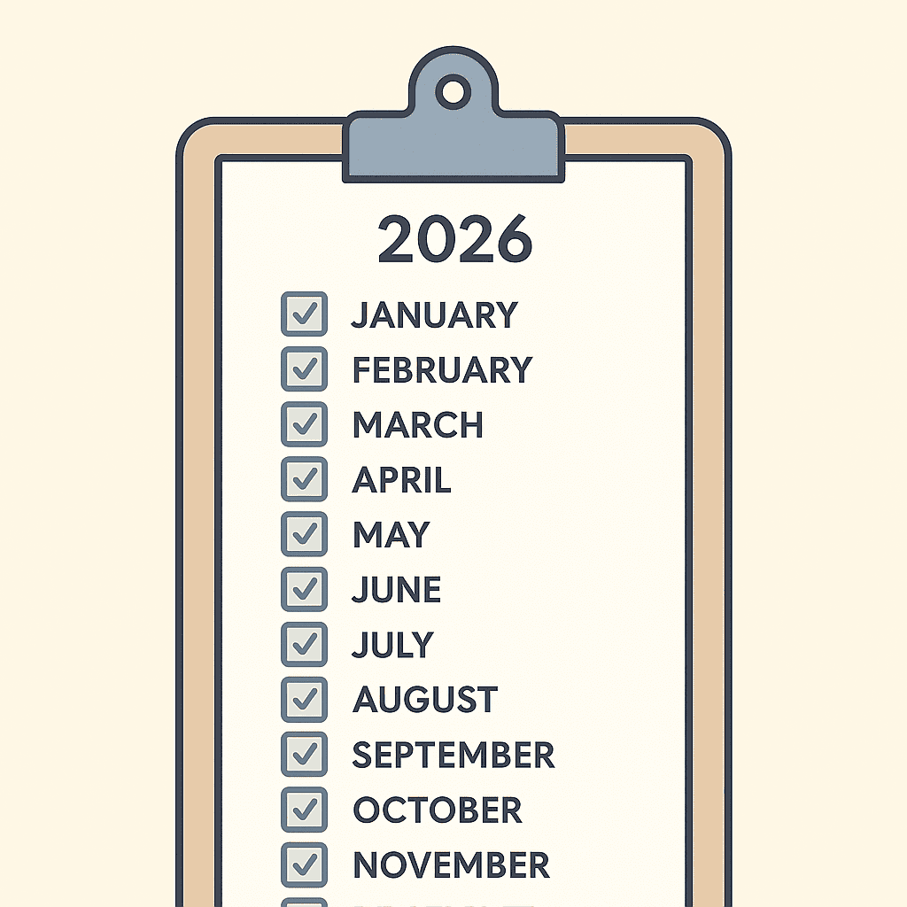 HOA annual calendar checklist for 2026: monthly board tasks on a simple clipboard graphic.