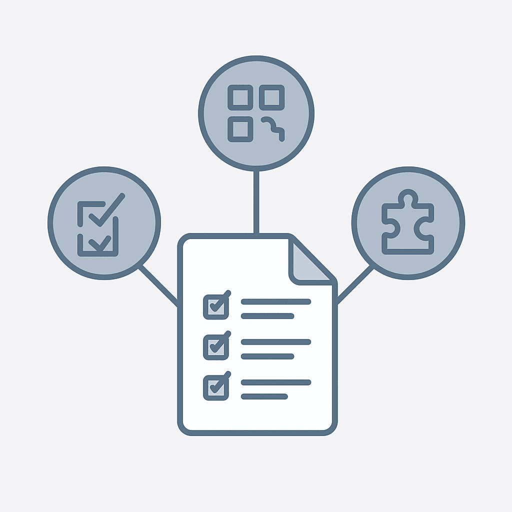 Minimalistisk husorden-illustration med dokument og tre ikoner