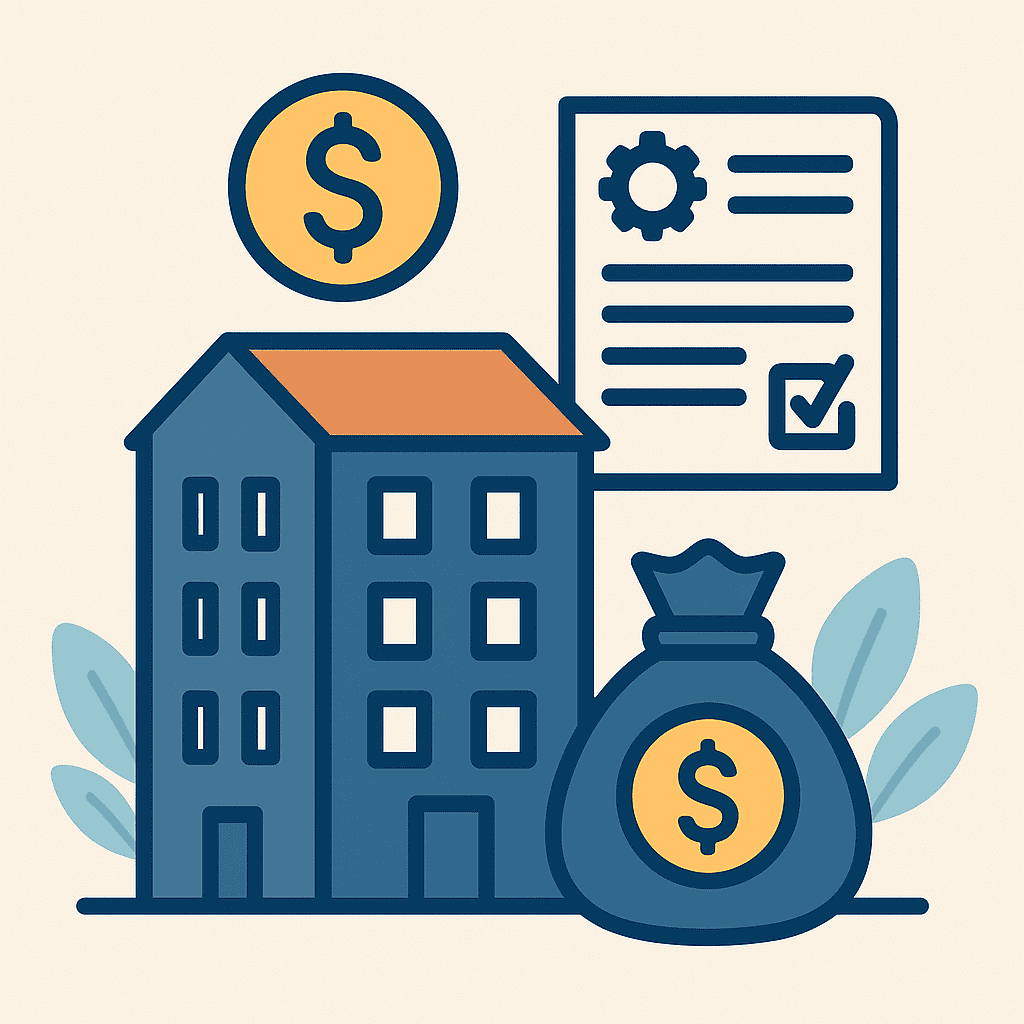 Minimalistisk illustration af en boligforening med en bygning, en sparegris/pengepose og et dokument-ikon, der symboliserer reservefond og økonomisk planlægning.