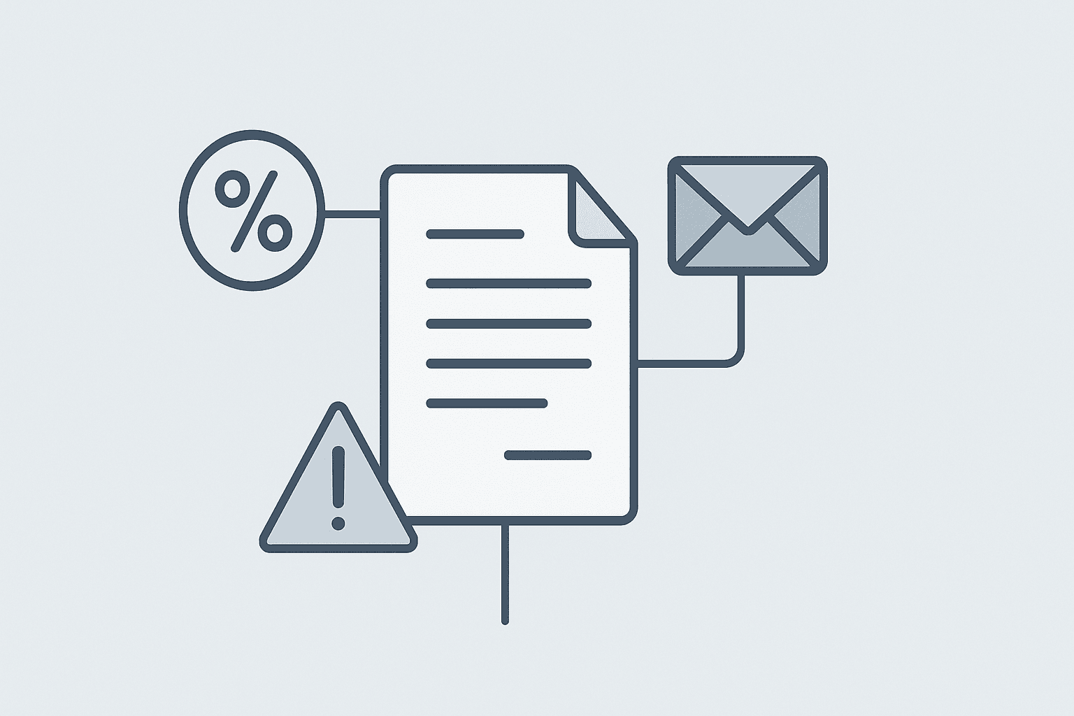 Minimalistisk illustration: centralt dokumentkort forbundet med tre ikoner (kuvert, procent, advarselstrekant)