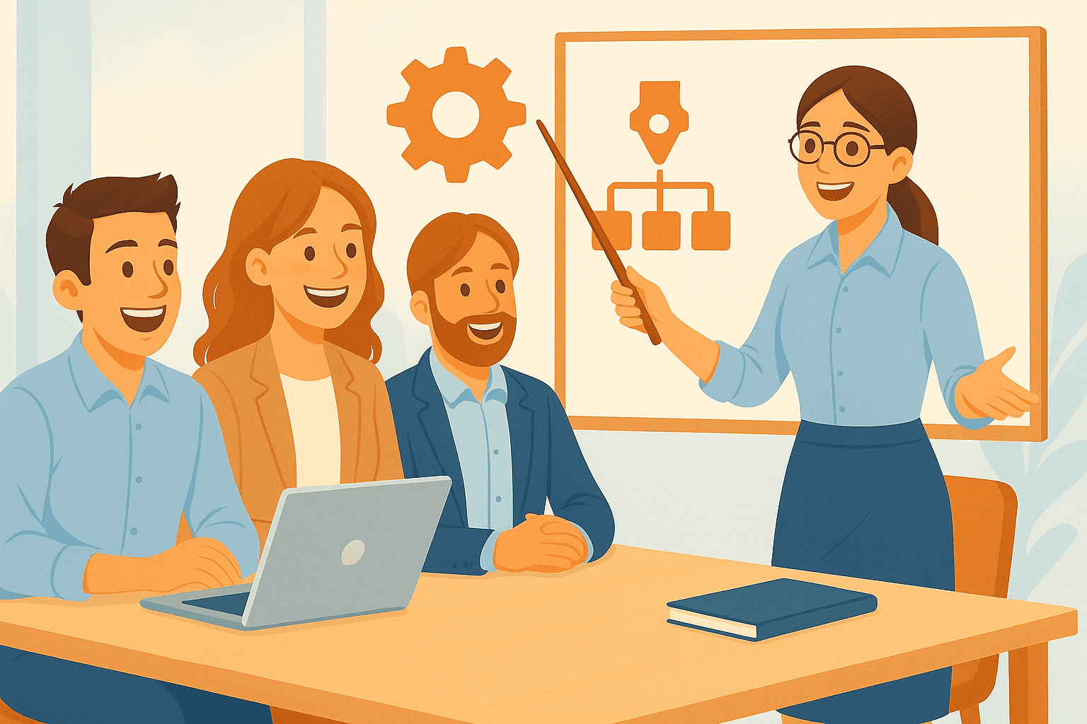 Minimalistisk illustration af bestyrelsesmedlemmer, der samarbejder om klare beslutningsprocesser.