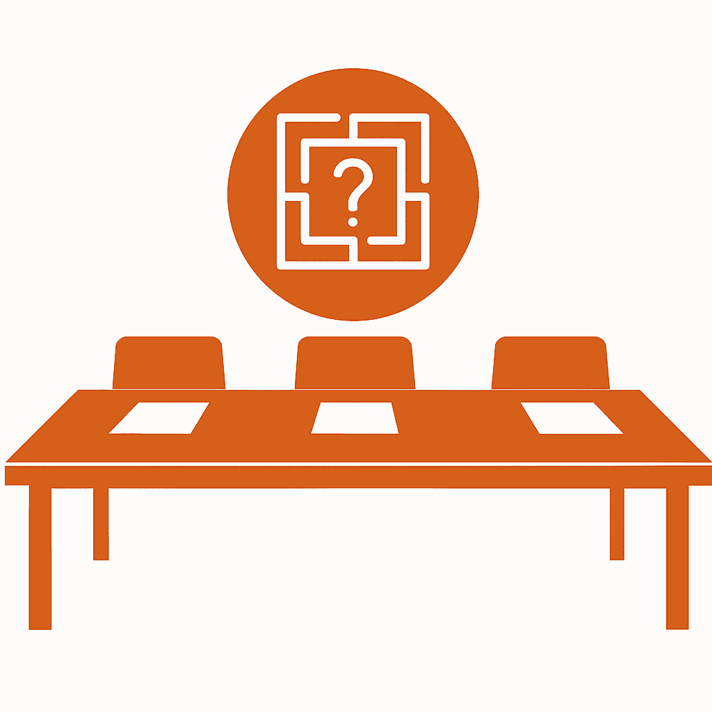 Minimalistisk illustration af et bestyrelsesbord med papirer og et centralt symbol for kompleksitet, i orange og hvidt.