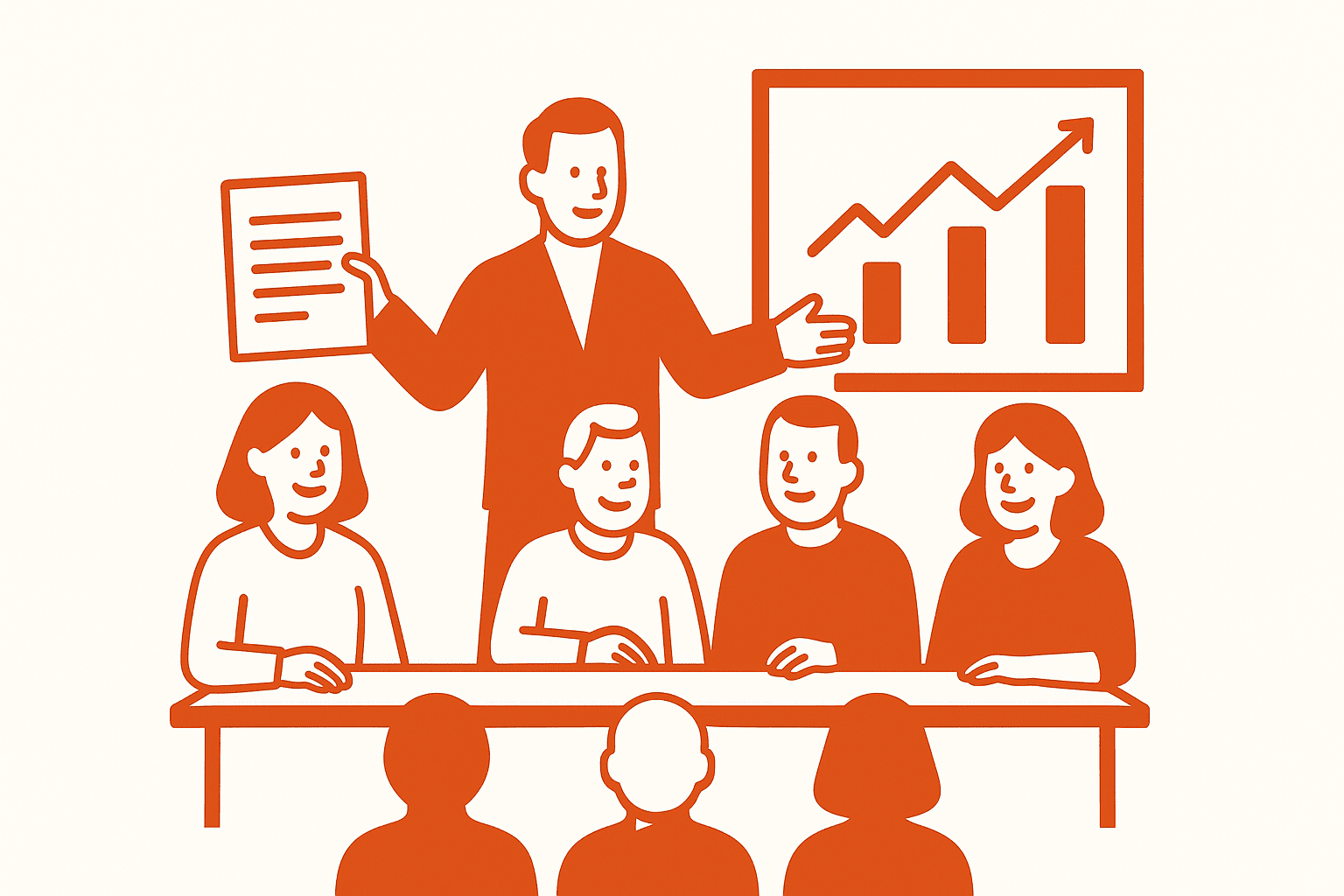 Minimalistisk illustration af en bestyrelse, der præsenterer årsberetning foran beboere i lyse farver.