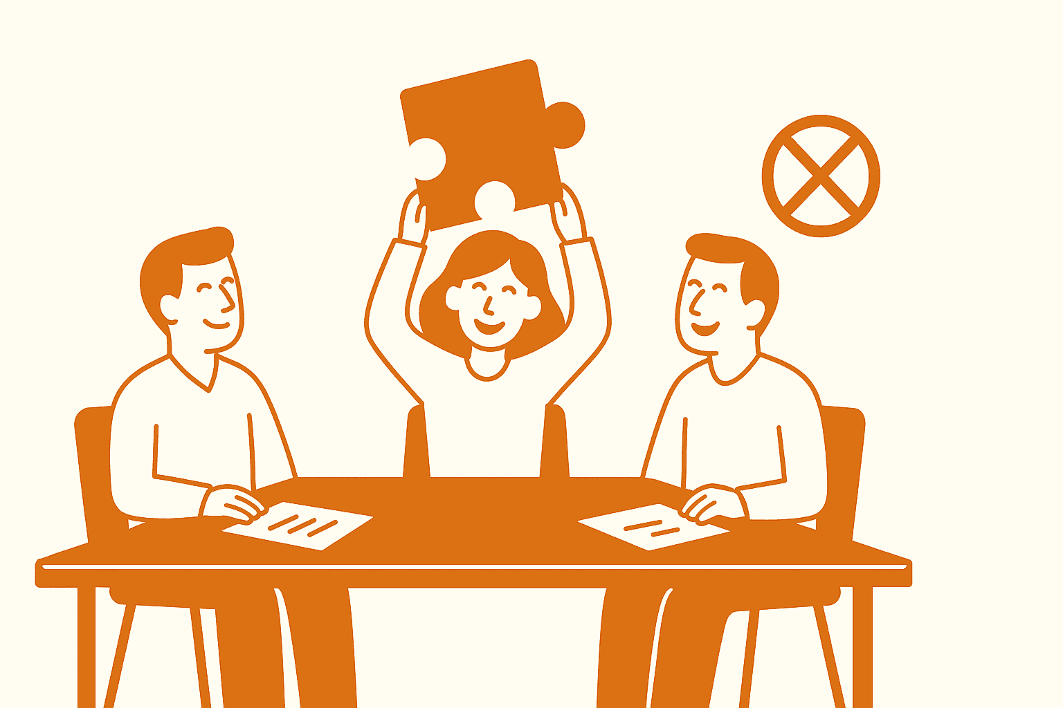 Minimalistisk illustration af en glad bestyrelse, der bryder gamle vaner og samarbejder om nye arbejdsformer ved et mødebord i lyse, rolige farver.