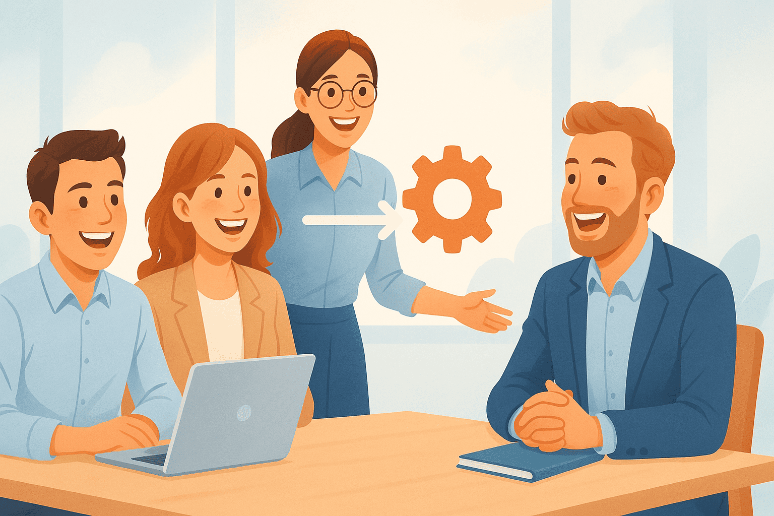 Glade bestyrelsesmedlemmer deler viden rundt om et bord med et centralt ikon for samarbejde i lyse, varme farver.