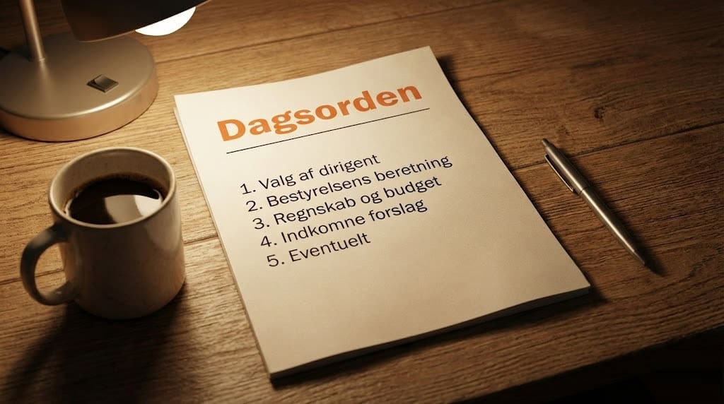 En stykke papir med en dagsorden til en generalforsamling, der ligger på et skrivebord med en tændt lampe over.