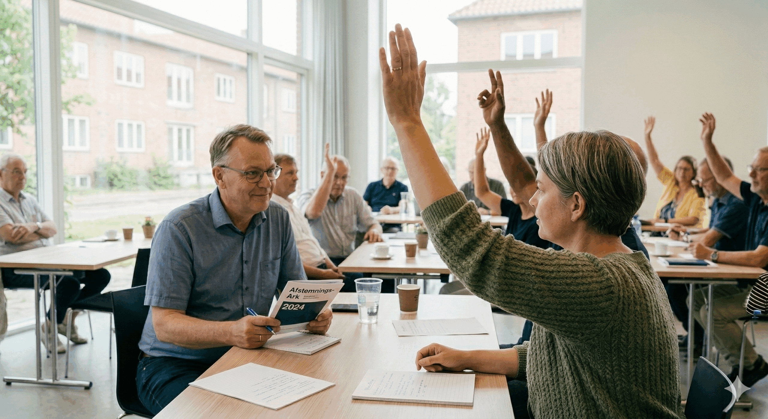 En dirigent sidder ved et bord på en generalforsamling og holder et 'Afstemnings-ark 2024', mens han smiler venligt til en beboer. I forgrunden rækker en kvinde i en grøn trøje sin hånd op for at stemme, og i baggrunden ses flere andre medlemmer med opstrakte hænder. Scenen foregår i et lyst lokale med store vinduer og illustrerer en tydelig og velorganiseret afstemningsproces i en forening.