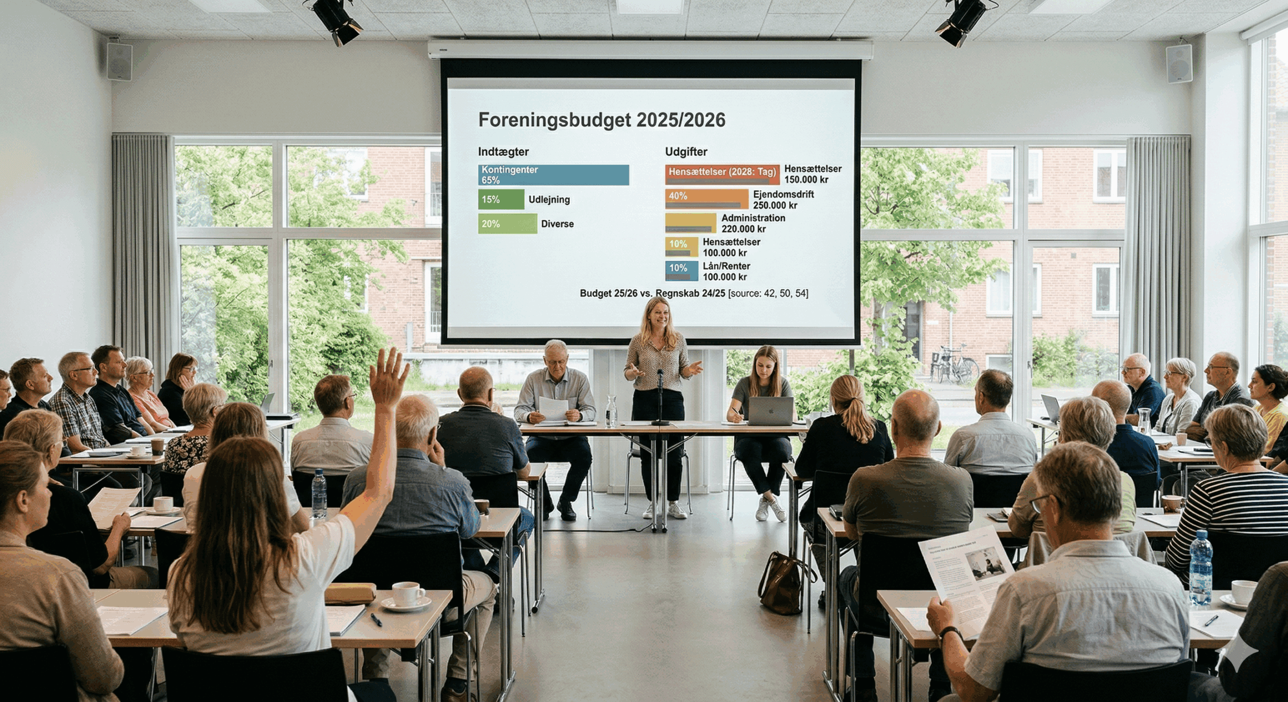 En bestyrelse præsenterer et overskueligt foreningsbudget på en generalforsamling. På et stort lærred i et lyst lokale vises et simpelt diagram med indtægter og udgifter, herunder poster som kontingent, ejendomsdrift og hensættelser til fremtidig vedligeholdelse. En beboer rækker hånden op for at stille et spørgsmål, hvilket illustrerer den gode dialog om foreningens økonomi.