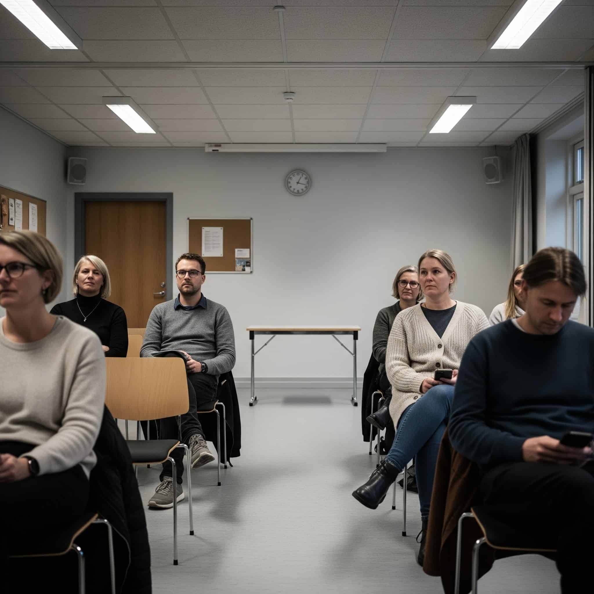 Minimalistisk illustration af en gruppe mennesker, der sidder og afventer afstemning under et bestyrelsesvalg på en generalforsamling i en forening.