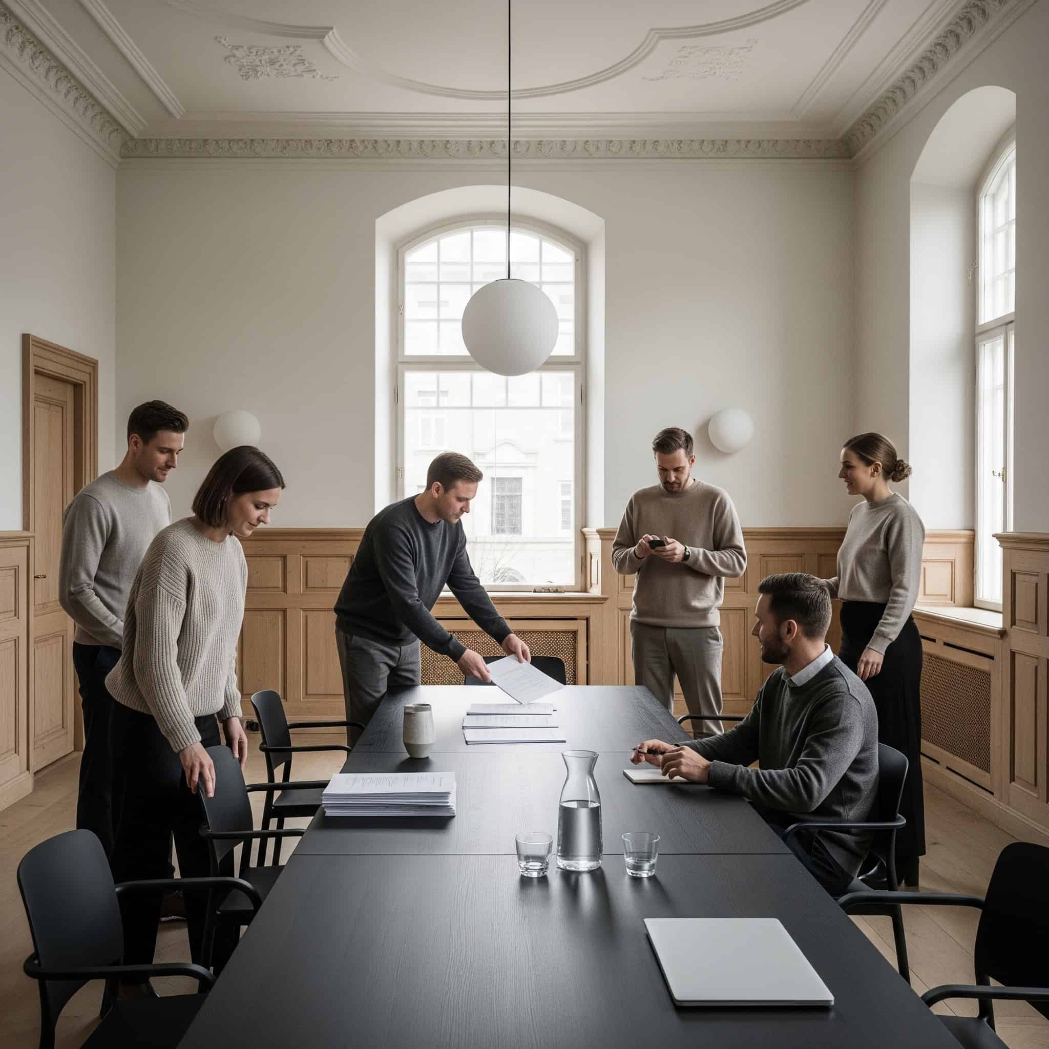 Minimalistisk illustration af en gruppe mennesker, der forbereder sig til en generalforsamling i et mødelokale.