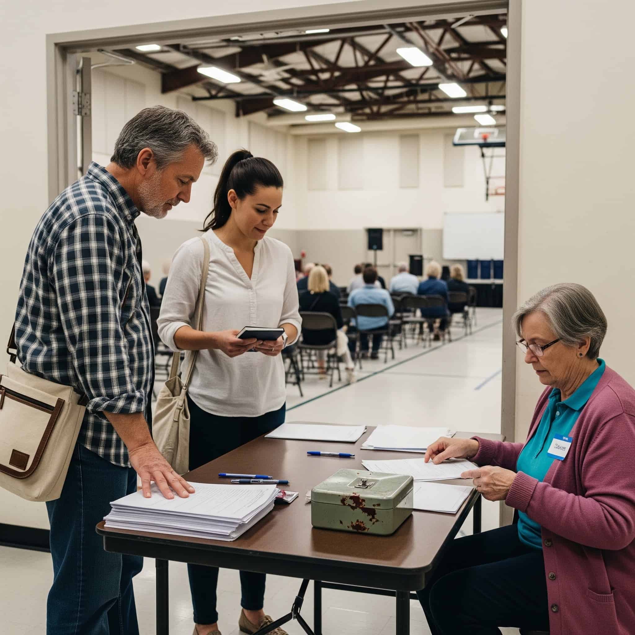 Billede af rigtige mennesker, der registrerer sig ved et bord til en generalforsamling i en forening.